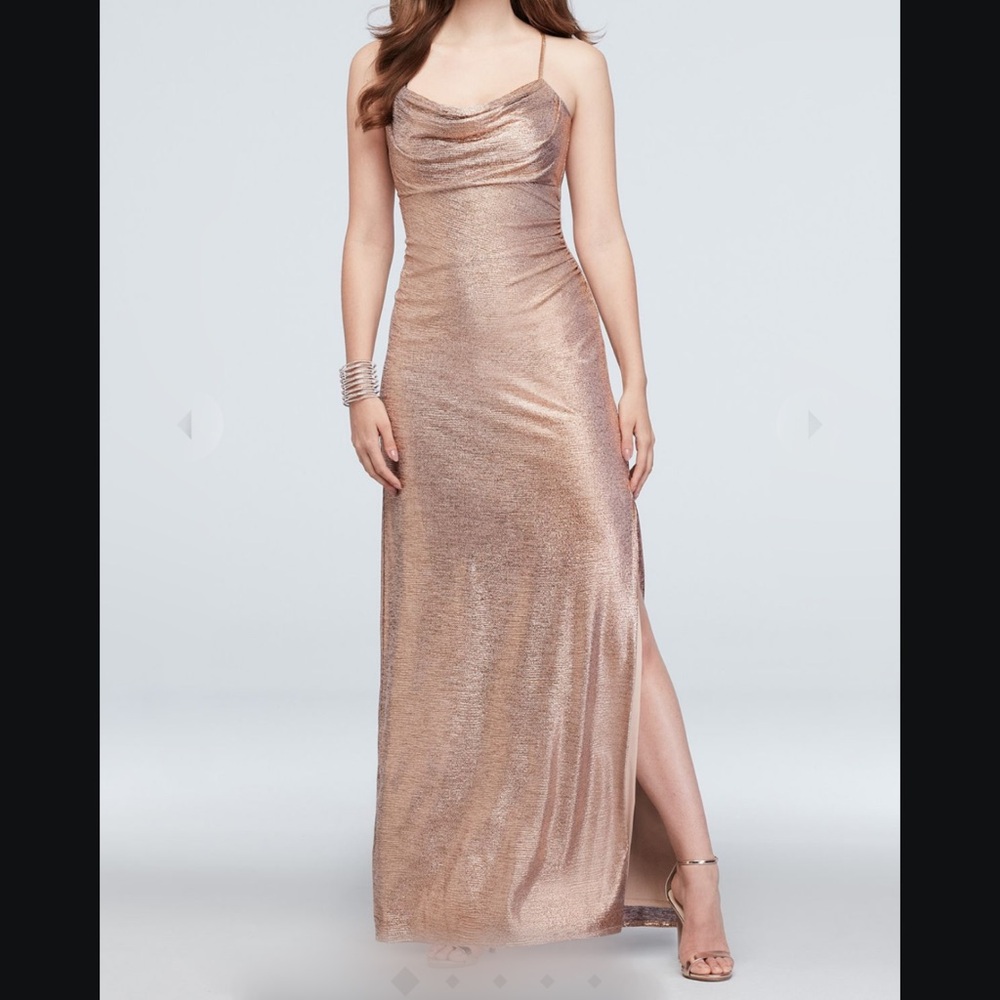 Metallic cowl neck sheath dress with ruching (RoseGold)